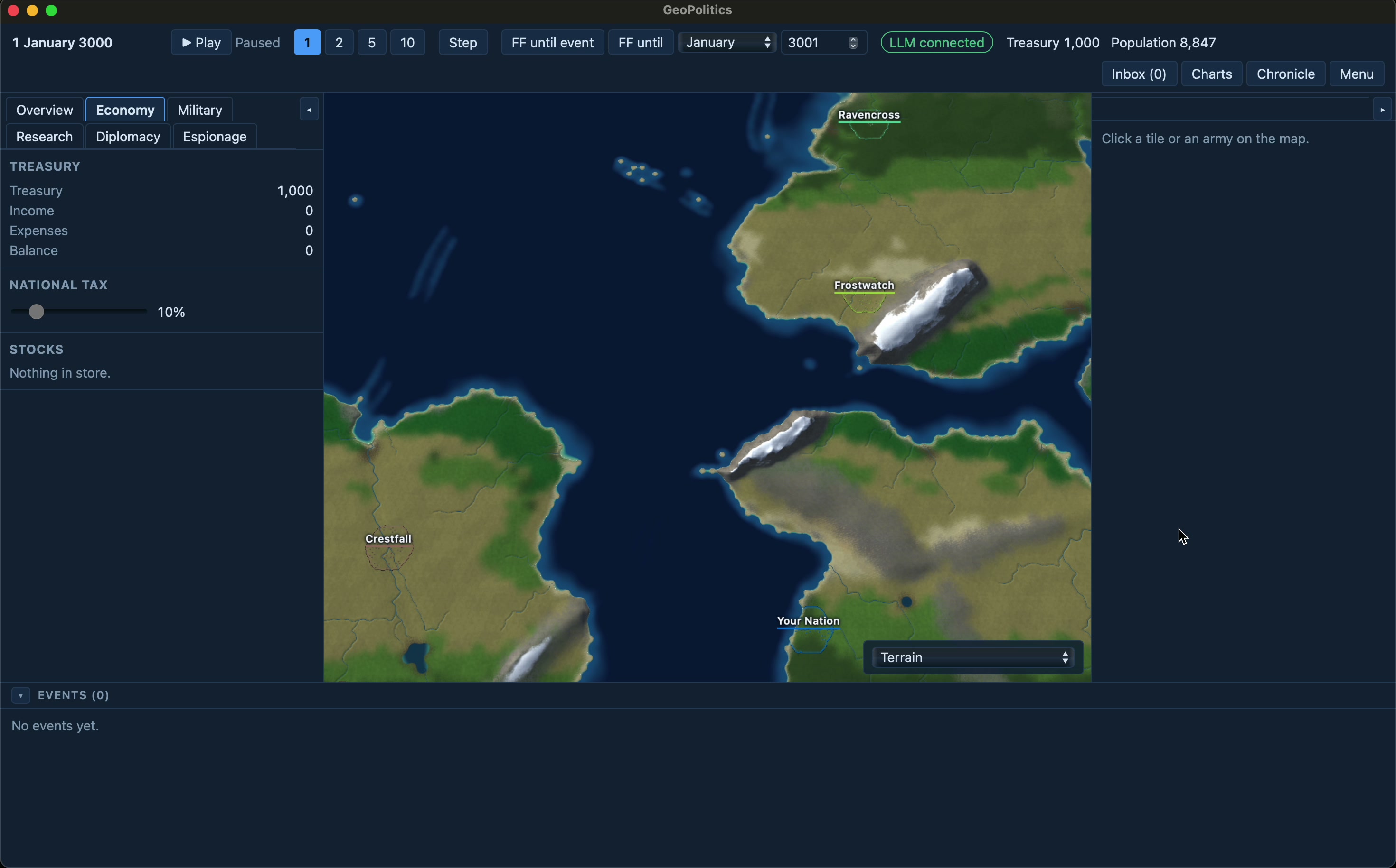 Early Terra Incerta gameplay showing generated coastlines and settlements